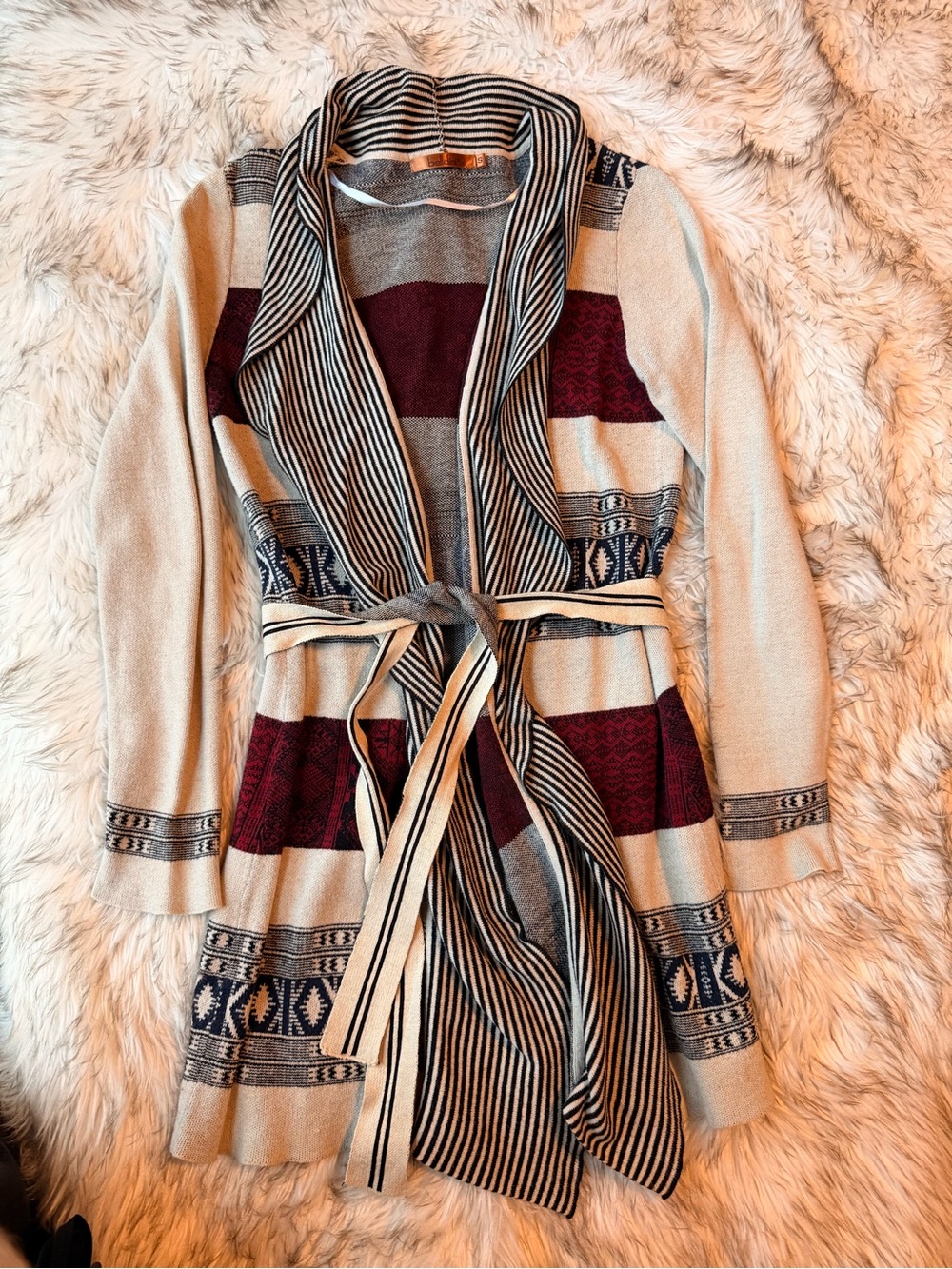 Belldini Belted Cardigan - Cream with Burgundy & Black Accents